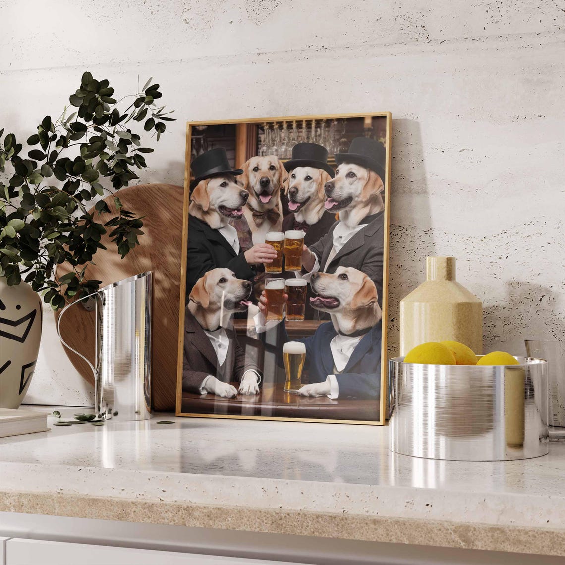Labrador Dogs in Tuxedos Toasting Beer at Bar Funny Group Poster - Image 2