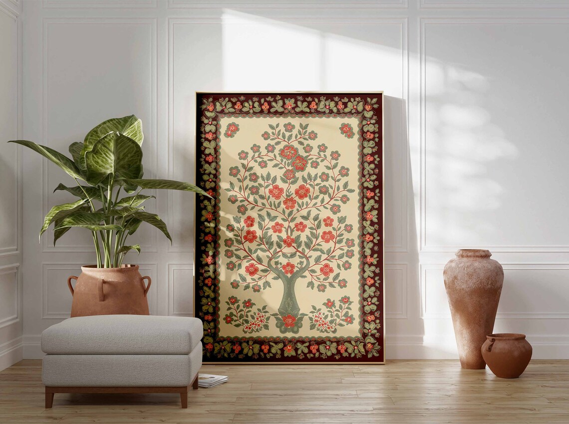 Coral Bloom Indian Tree of Life Maroon Garland Poster Floral Decor - Image 2