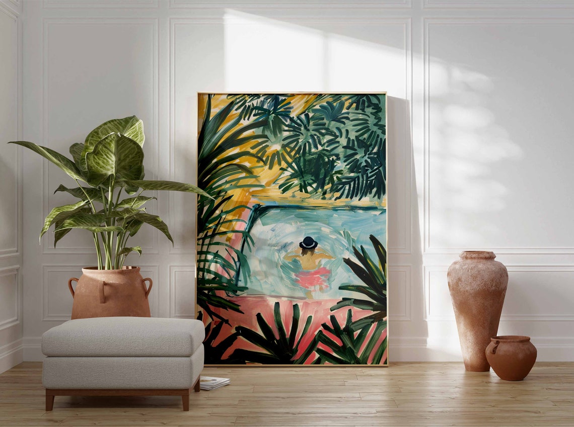 Boho Woman Swimming in Tropical Pool Among Palm Leaves Poster - Image 2