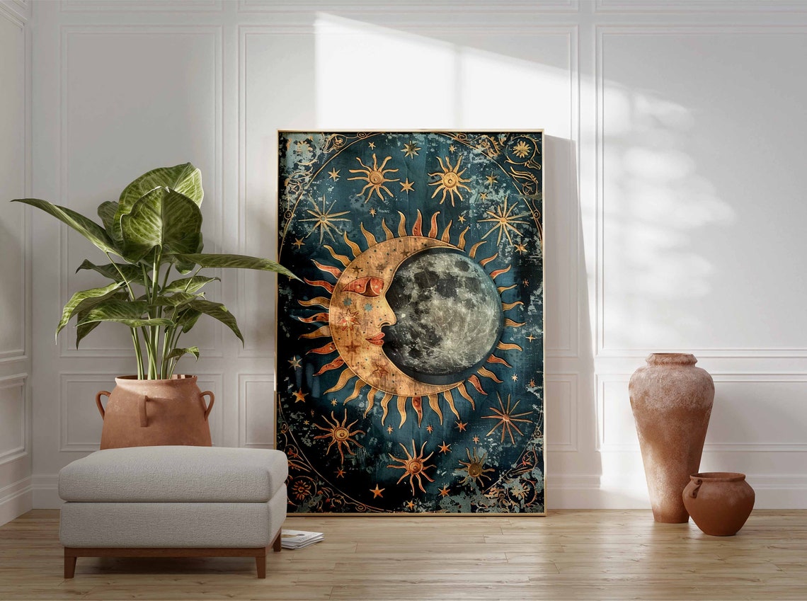 Golden Sun Face Beside Realistic Moon On Weathered Teal Poster - Image 3