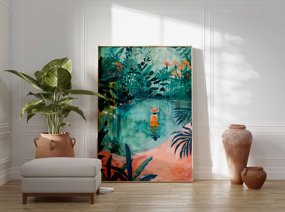 Woman in Sun Hat Wading Through Emerald Jungle Pool Art Poster - Image 2