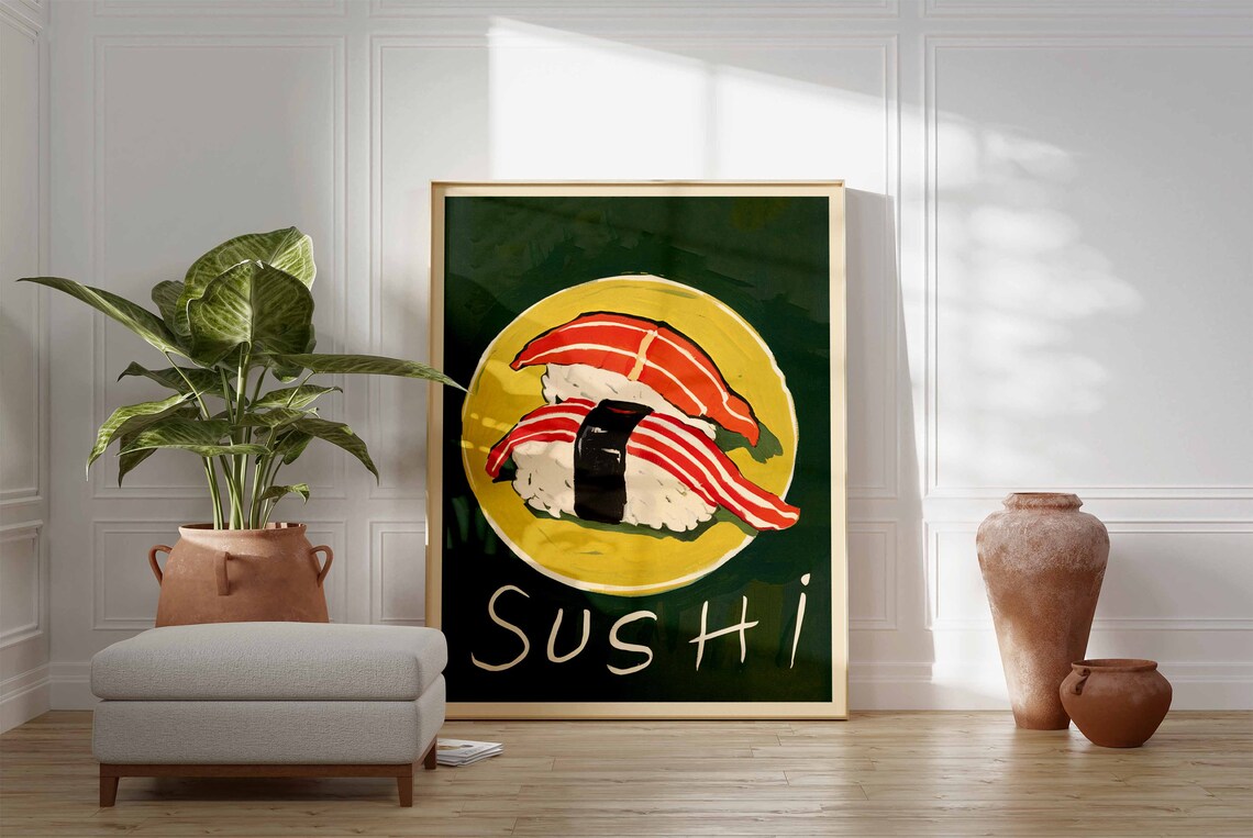 Salmon Nigiri Sushi Hand Painted Yellow Plate Food Art Poster - Image 3