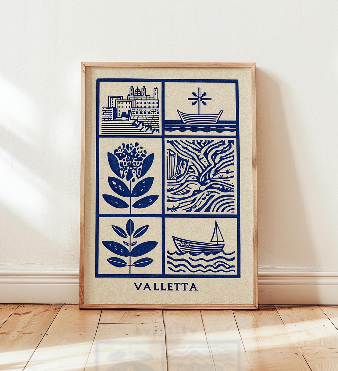 Valletta Malta Blue Linocut Style Landmark Collage Art Poster