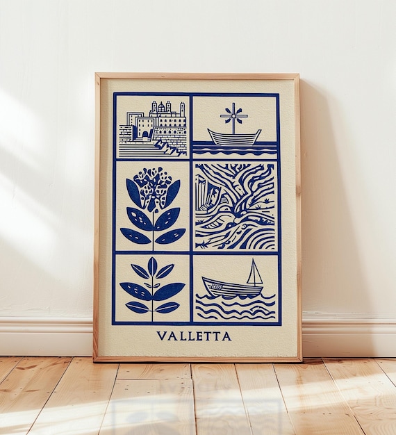 Valletta Malta Blue Linocut Style Landmark Collage Art Poster