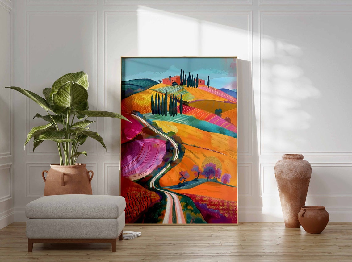 Hilltop Village Cypress Trees Winding Road Landscape Art Print - Image 3