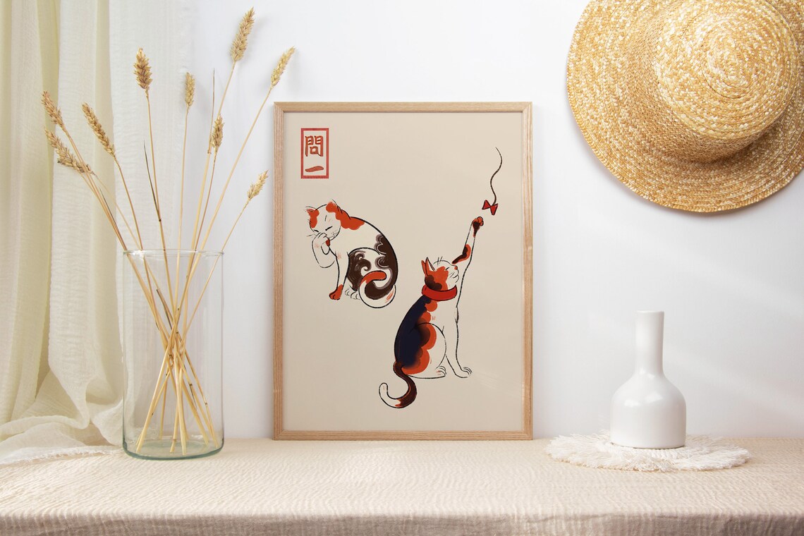 Japanese Cats Ink Wash Two Calico Cats Playful Animal Poster Japandi - Image 2