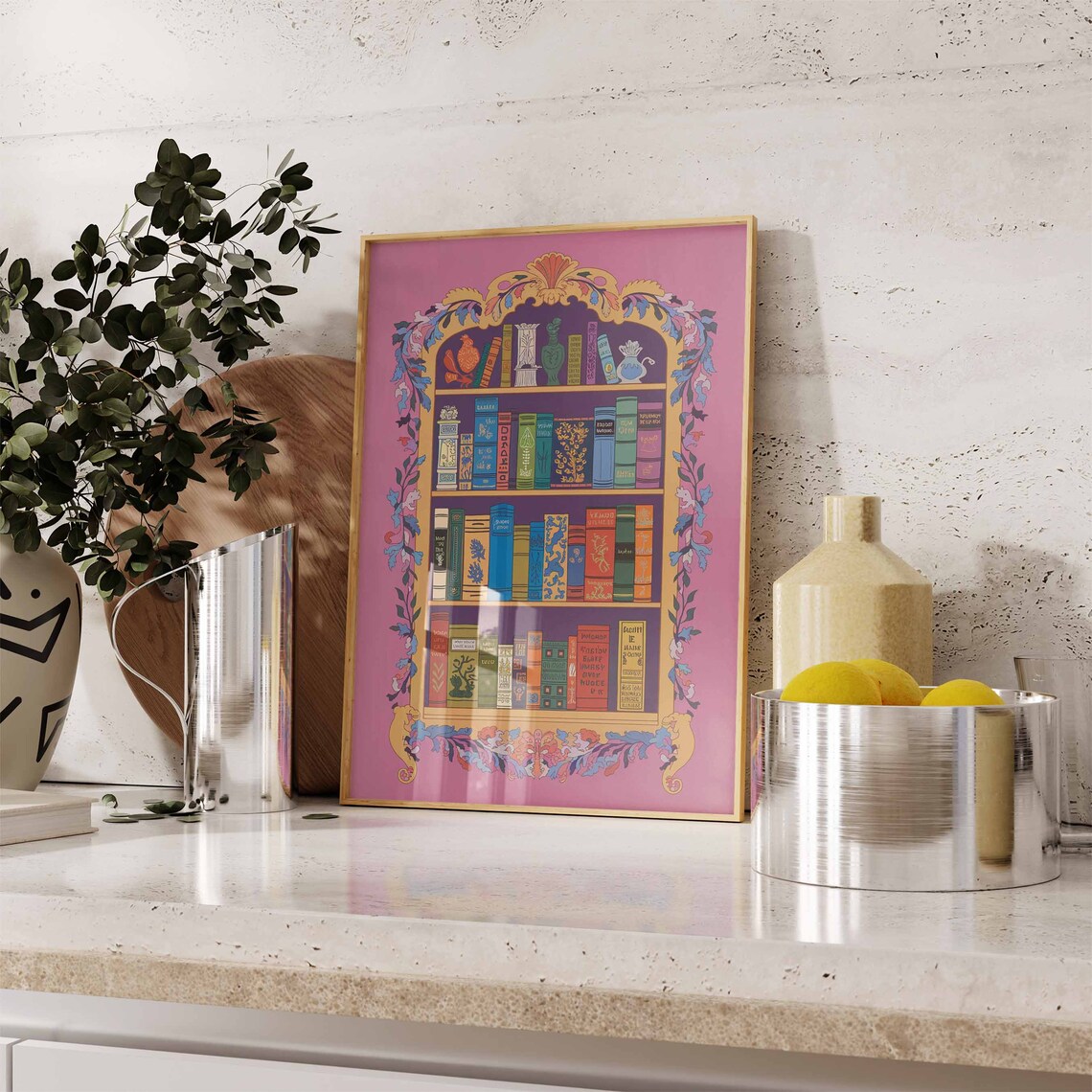 Magenta Ornate Bookshelf Fantasy Book Library Decor Wall Poster - Image 2