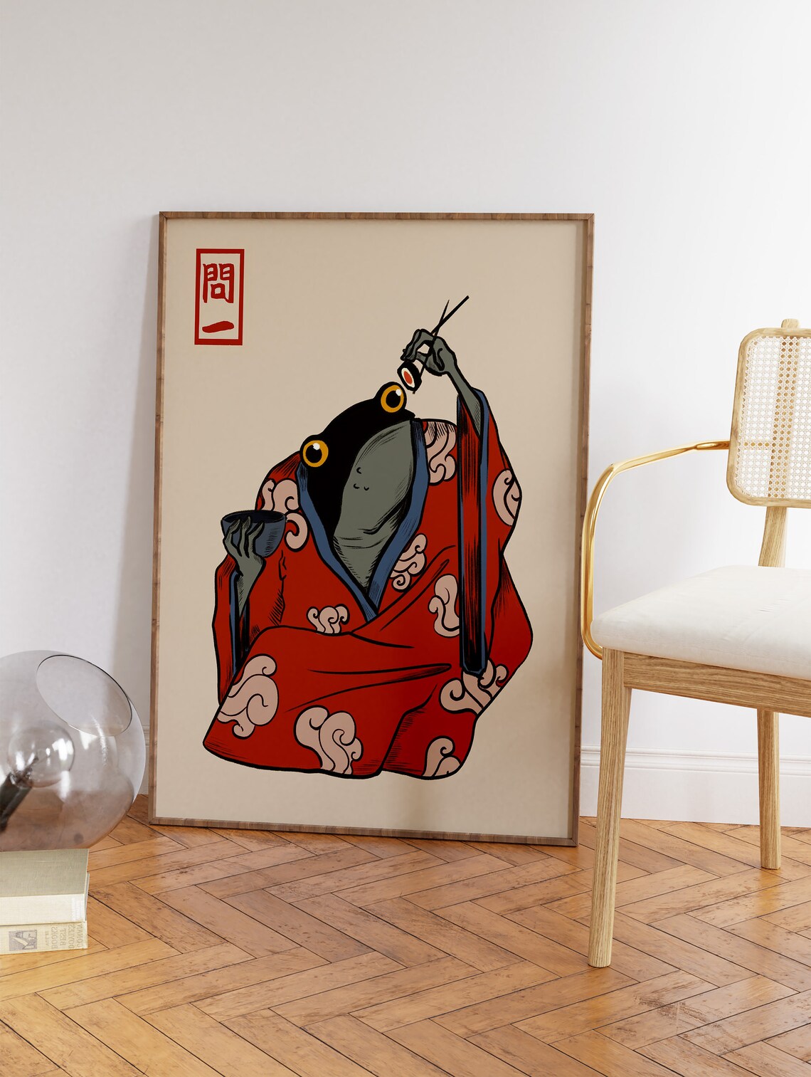 Japanese Frog Eating Sushi Kimono Woodblock Style Funny Art Poster - Image 3