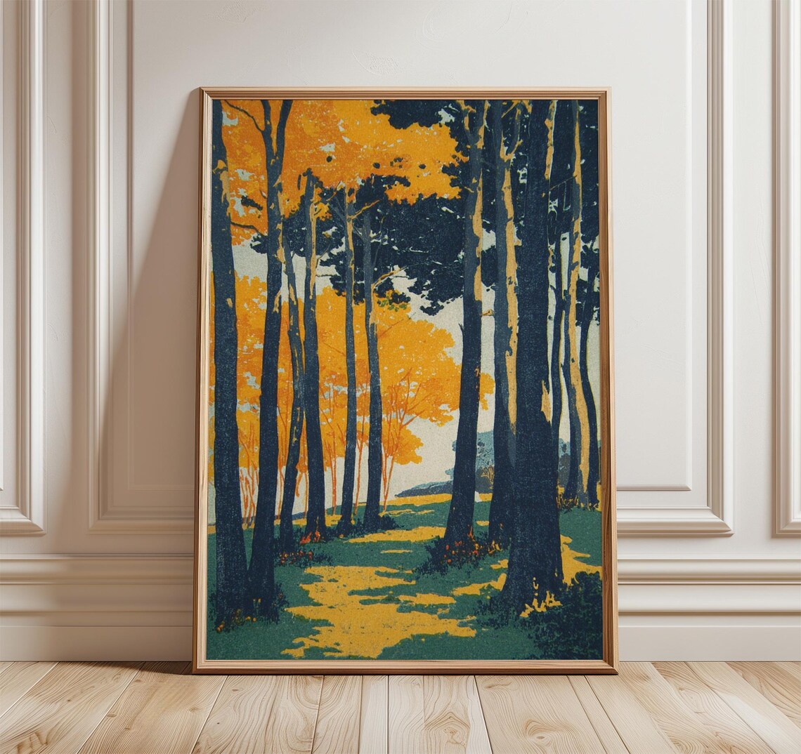 Vintage Autumn Forest Orange And Blue Woodland Landscape Poster