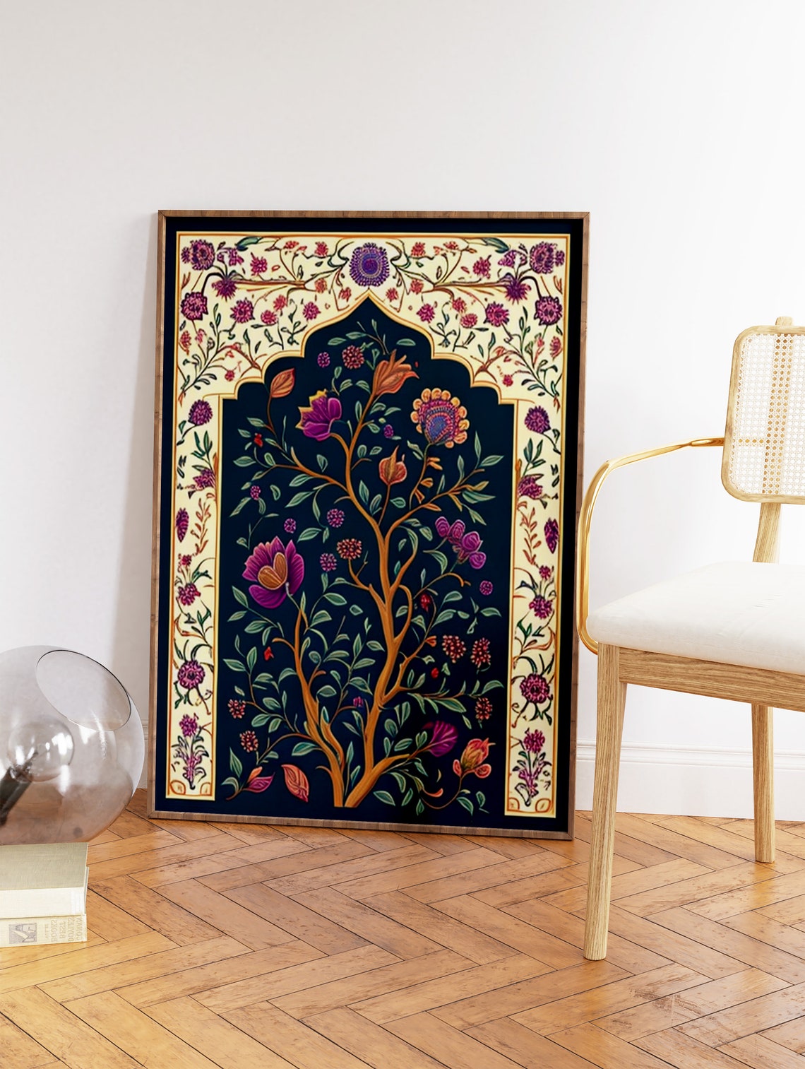 Indian Floral Arch Print with Tree on Dark Blue Vintage Style - Image 2