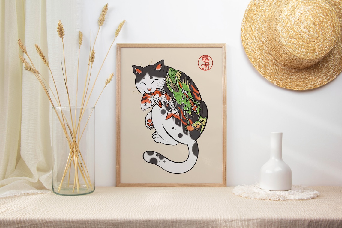 Japanese Cat Art Print, Oriental Animal Decor - Image 2