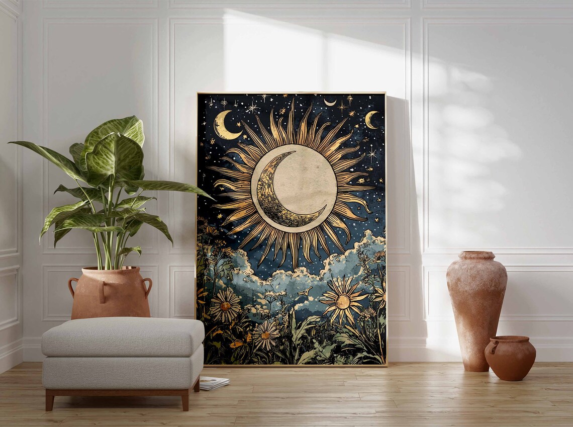 Golden Sun With Crescent Moon Above Vintage Wildflowers Poster - Image 3