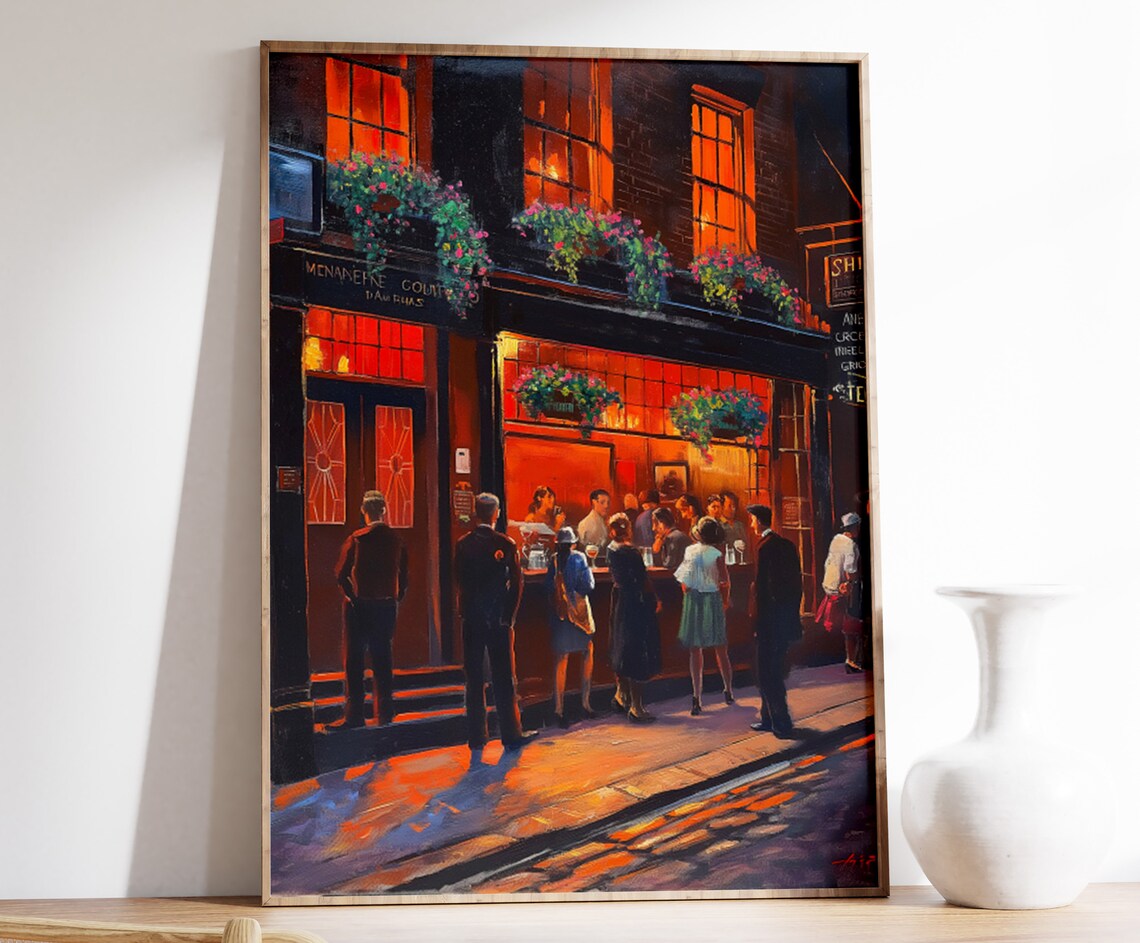 Vintage London Pub Night Glowing Amber City Oil Painting Poster