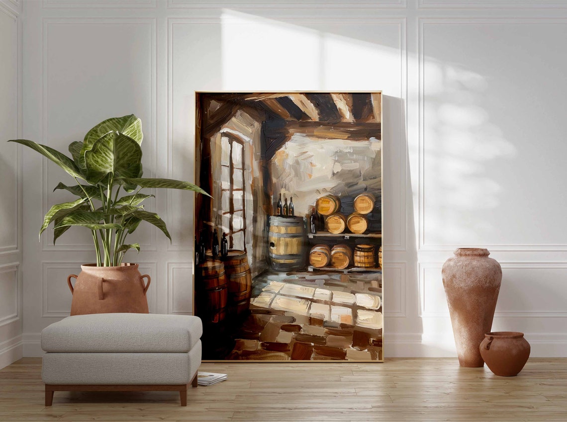 Wine Cellar Bottles and Barrels Art Poster Rustic Stone Wall Scene - Image 3