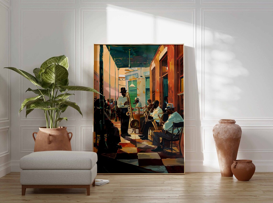 Street Jazz Band With Saxophones New Orleans Style Music Scene Art Poster - Image 3