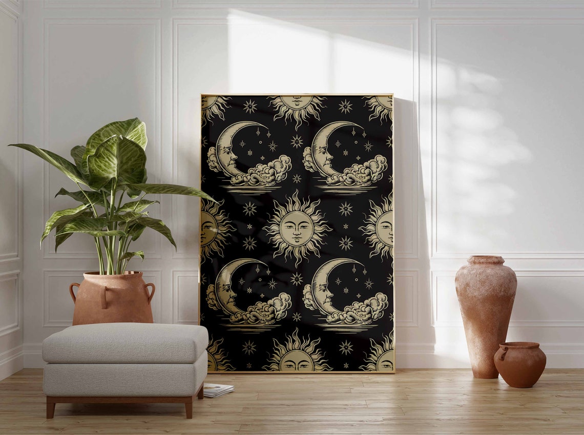 Black And Cream Celestial Sun Moon Stars Pattern Night Poster - Image 3