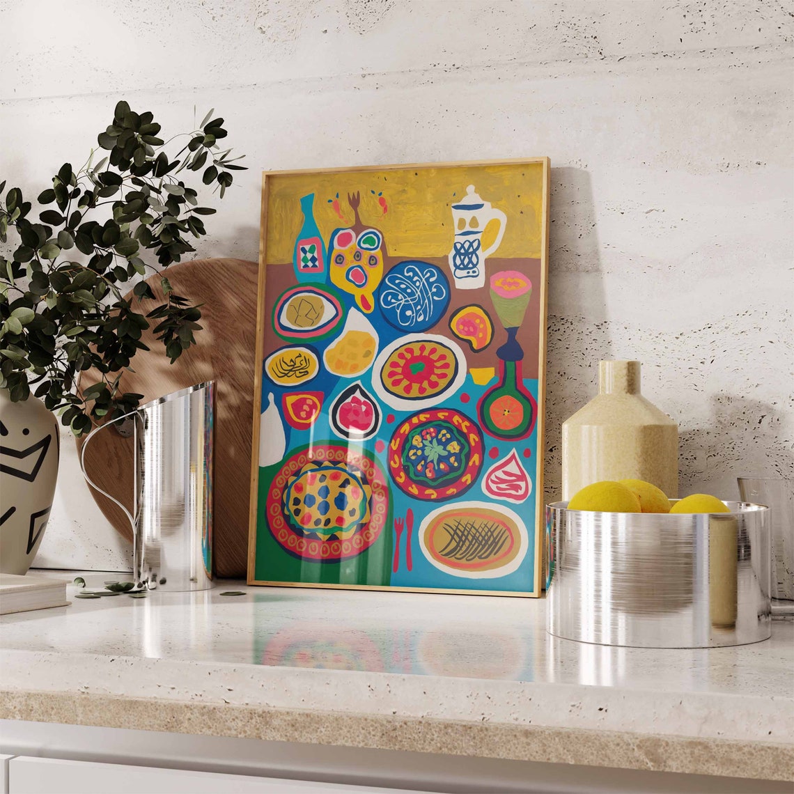 Mediterranean Feast Table Folk Art Patterned Plates Fish Poster - Image 2
