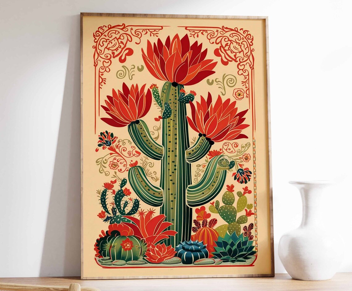 Blooming Saguaro Cactus Red Flowers Vintage Mexican Art Poster