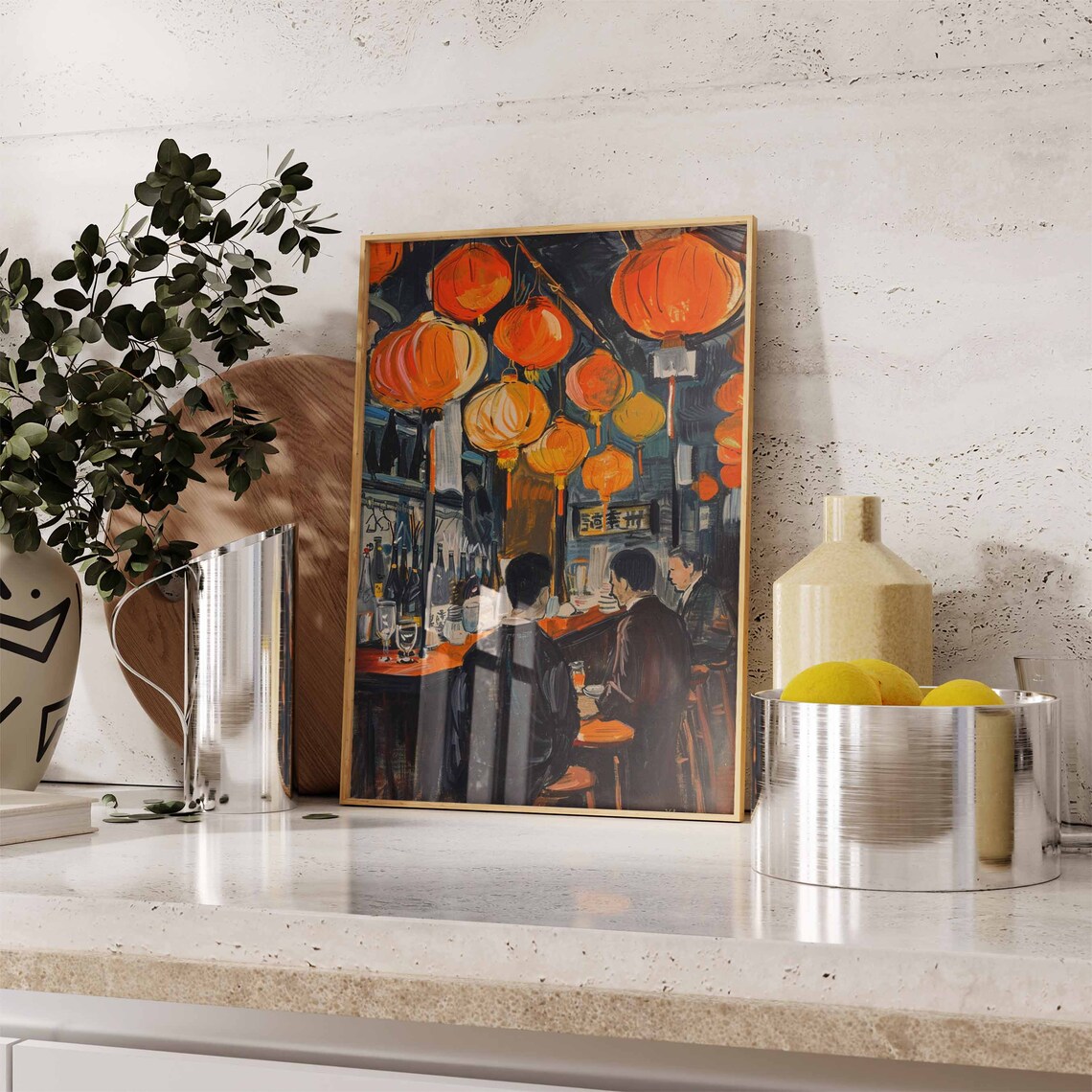 Japanese Izakaya at Night Glowing Orange Lanterns Bar Counter Scene Art Poster - Image 2