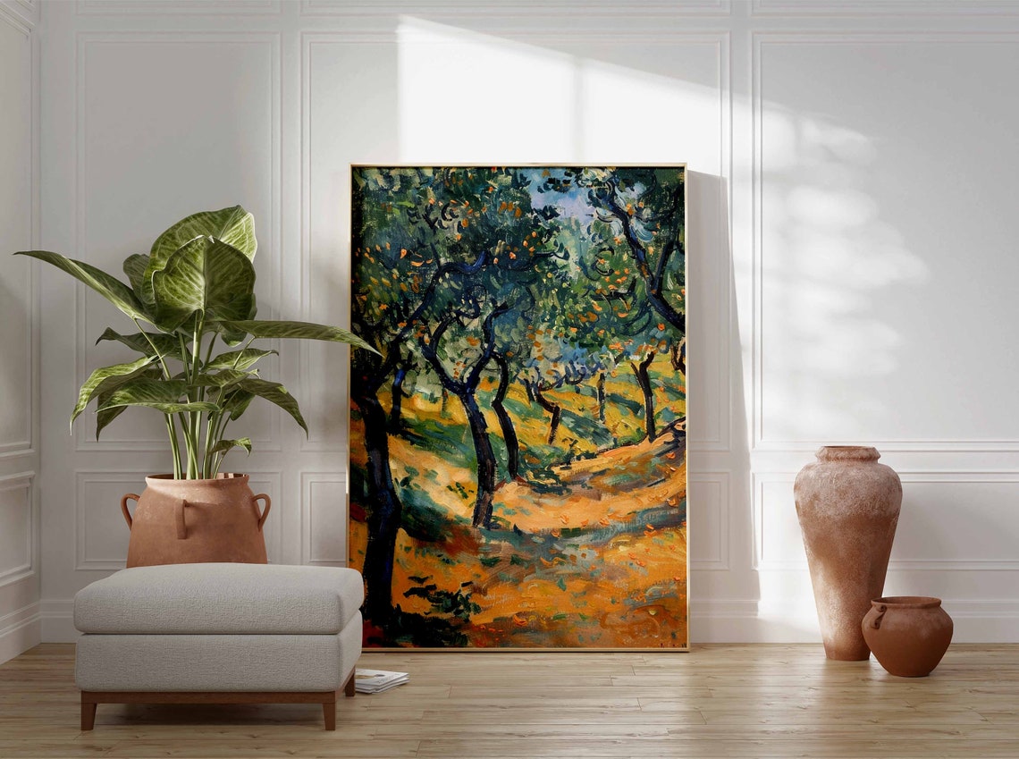 Sunlit Olive Grove Impressionist Trees Oil Painting Art Print - Image 3