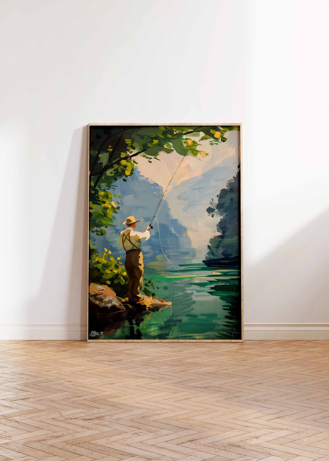 River Fly Fisherman Casting Line from Rocky Shore Painting Poster - Image 2