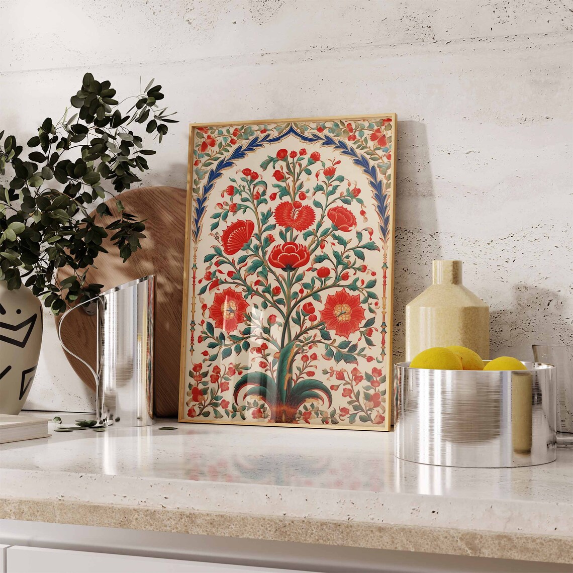 Red Indian Tree of Life Floral Arch Traditional Botanical Art Poster - Image 2