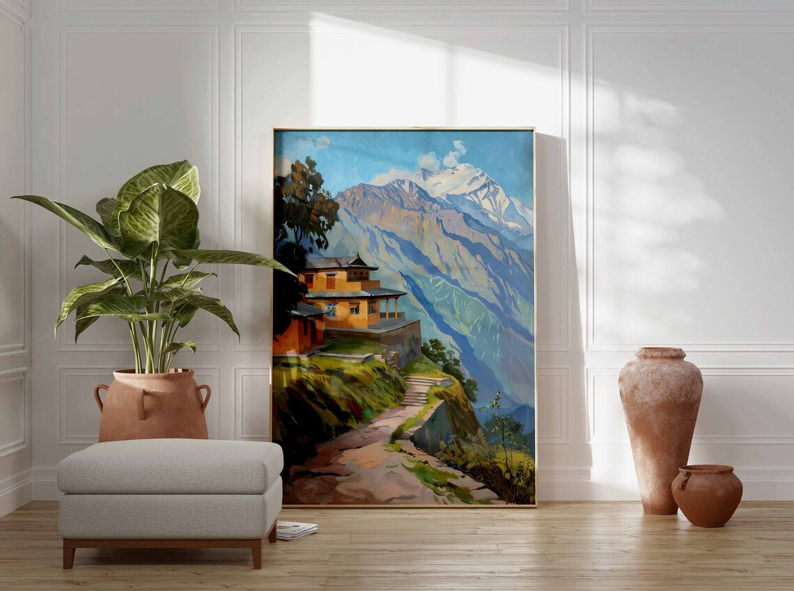 Mountain House on Hillside Path Snow Capped Peaks Painting Poster - Image 3