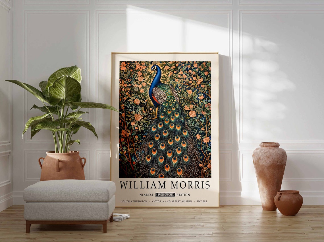 William Morris Peacock with Rose Garden Vintage Botanical Poster - Image 3