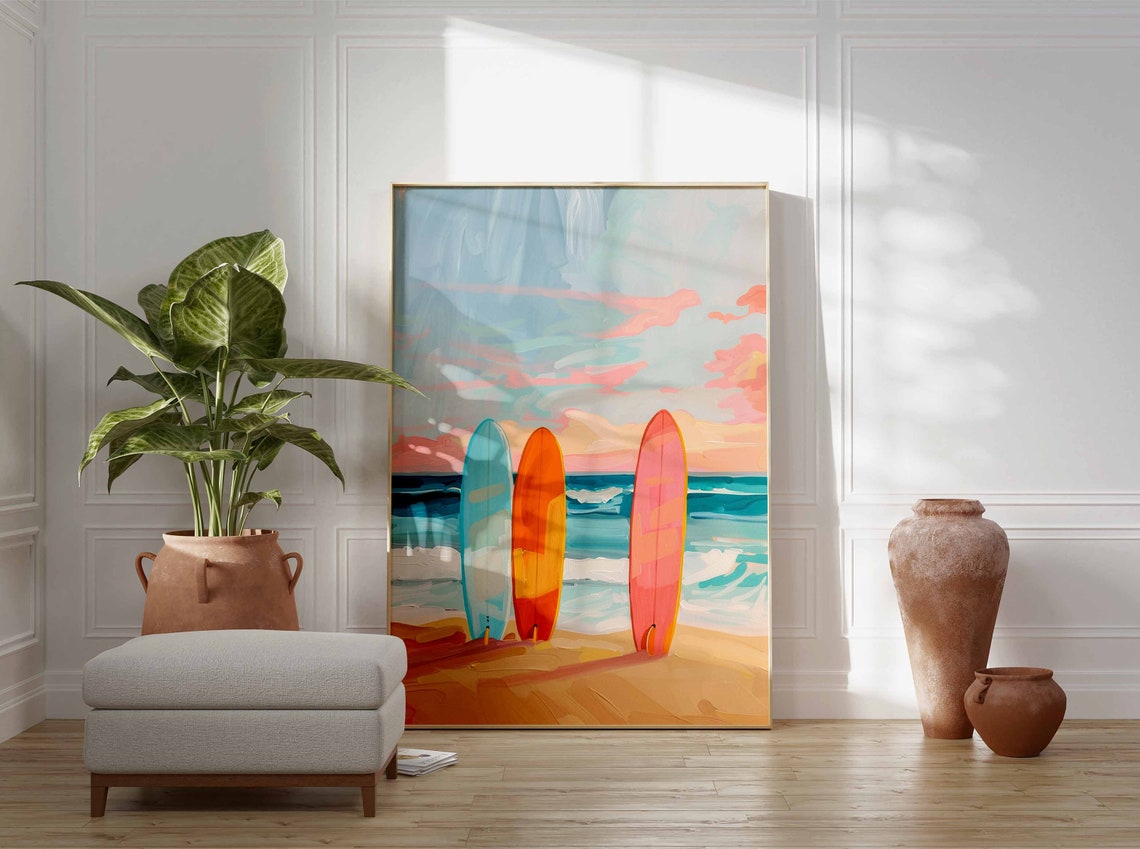 Pastel Three Surfboards on Beach Ocean Sunset Clouds Wall Art - Image 3
