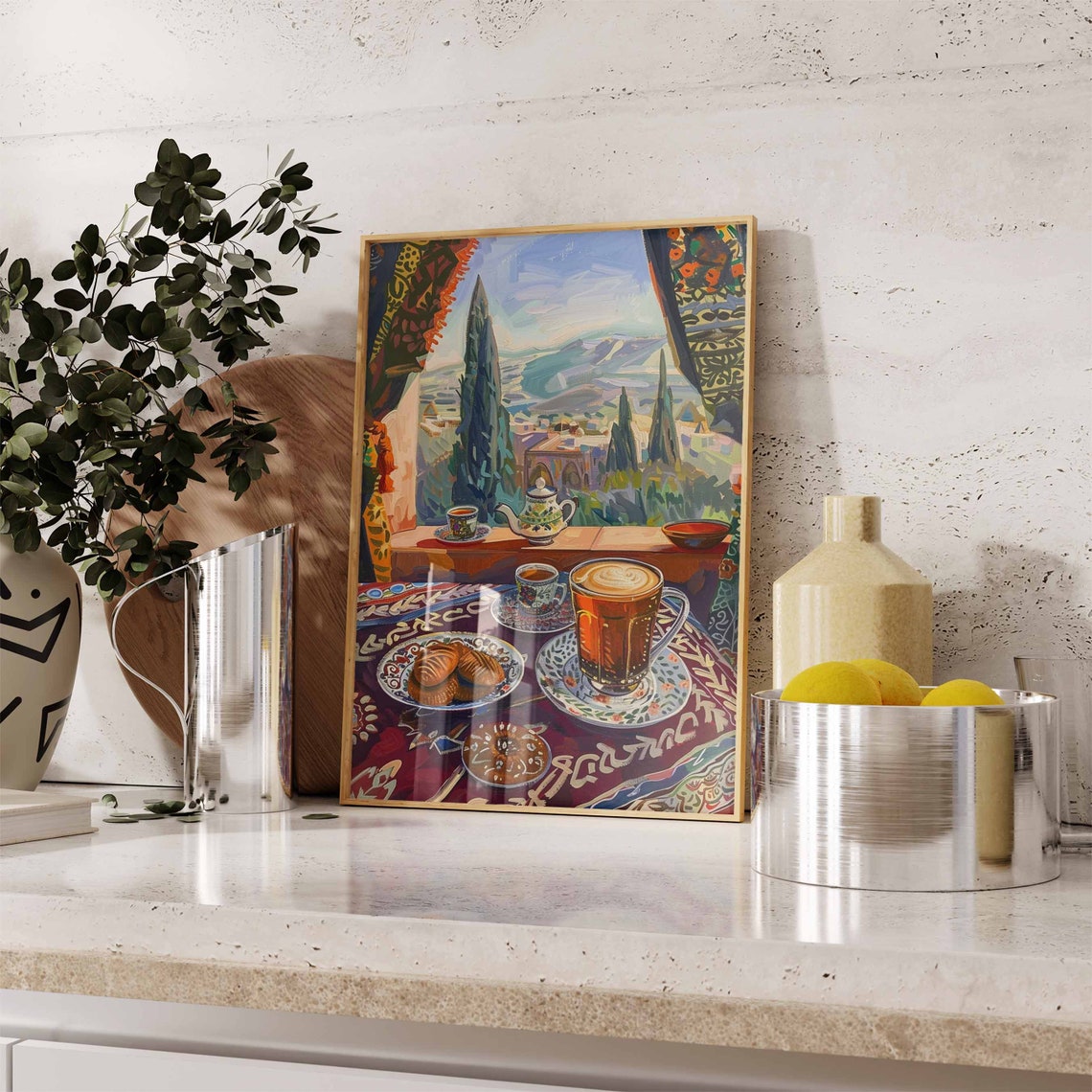 Teapot Tea Set Cookies Mountain Cypress View Patterned Art Poster - Image 2