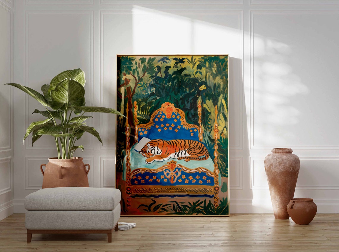 Sleeping Tiger on Blue Ornate Bed Lush Jungle Night Art Poster - Image 3