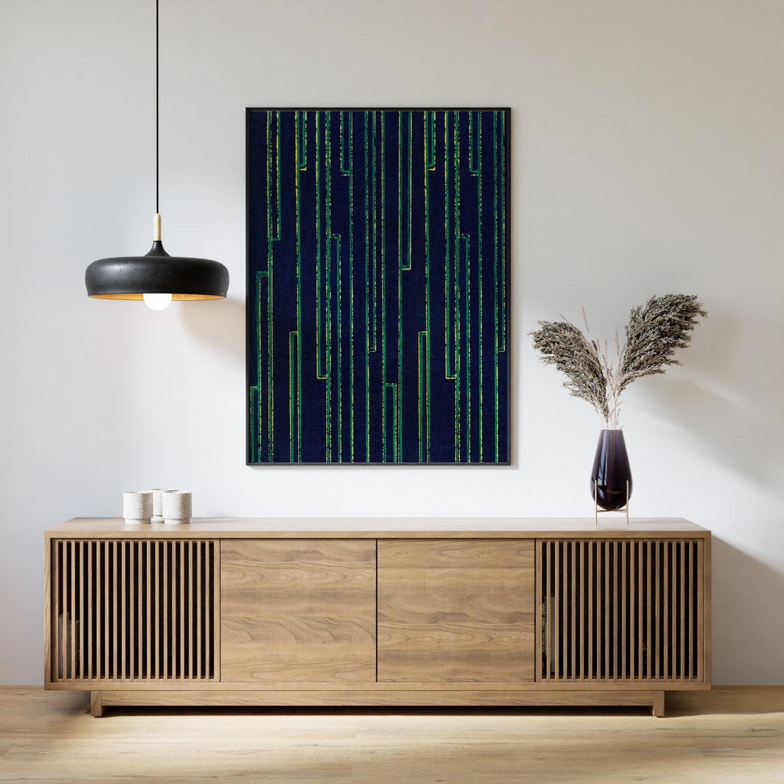 Dark Blue Abstract Lines Gold Green Textured Modern Wall Poster - Image 3