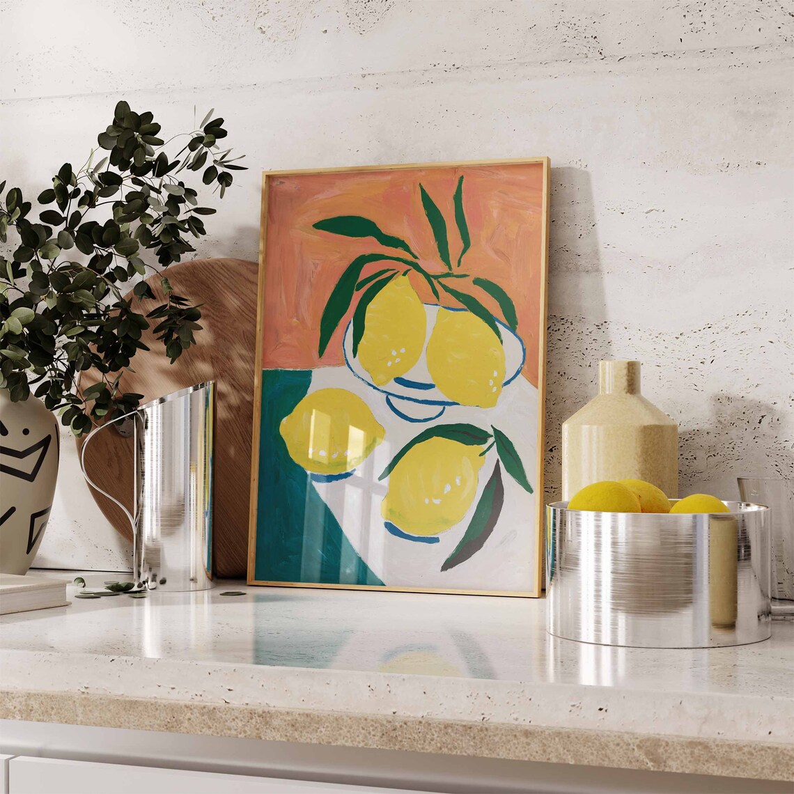 Four Lemons With Dark Green Leaves In Vibrant Citrus Art Poster - Image 2