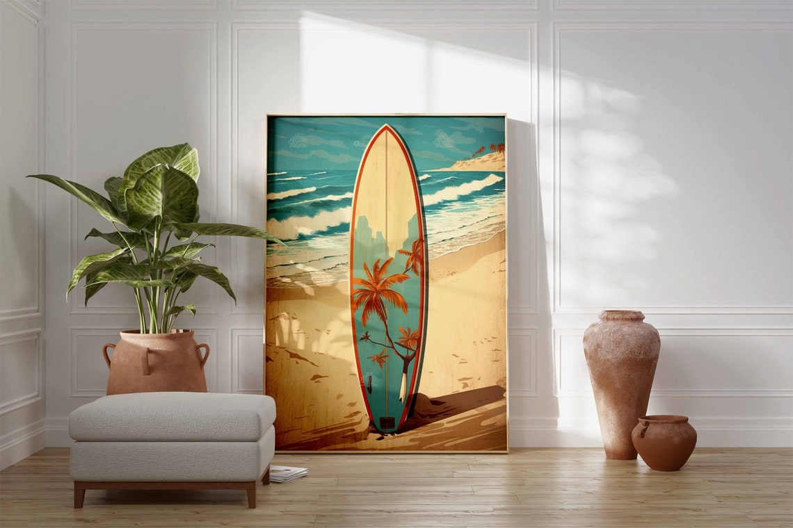 Retro Surfboard Palm Trees Sandy Beach Ocean Waves Art Poster - Image 3