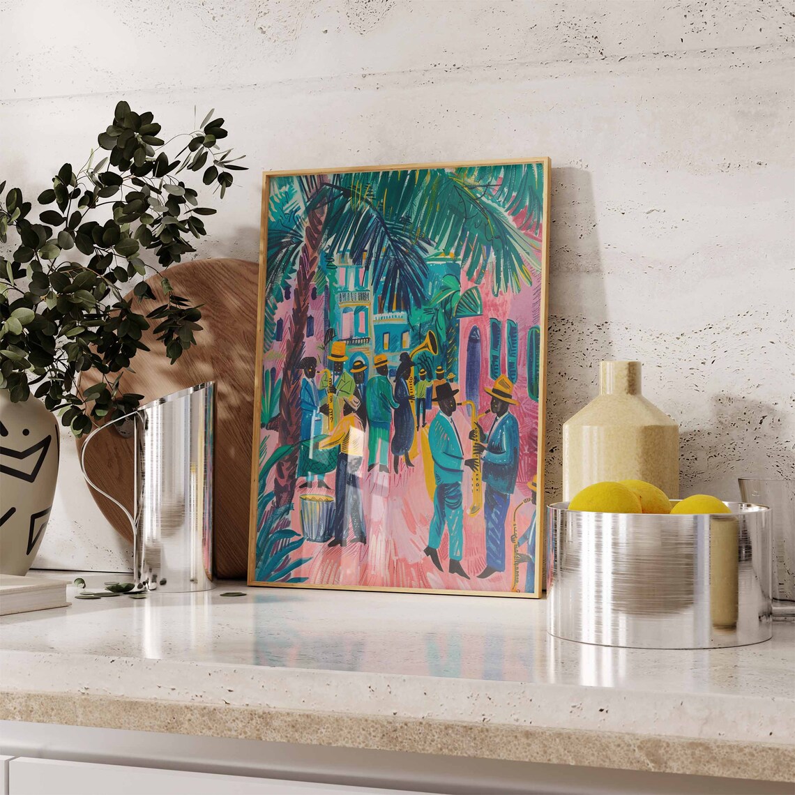 Jazz Musicians Street Band Colorful Tropical Painting Poster - Image 2