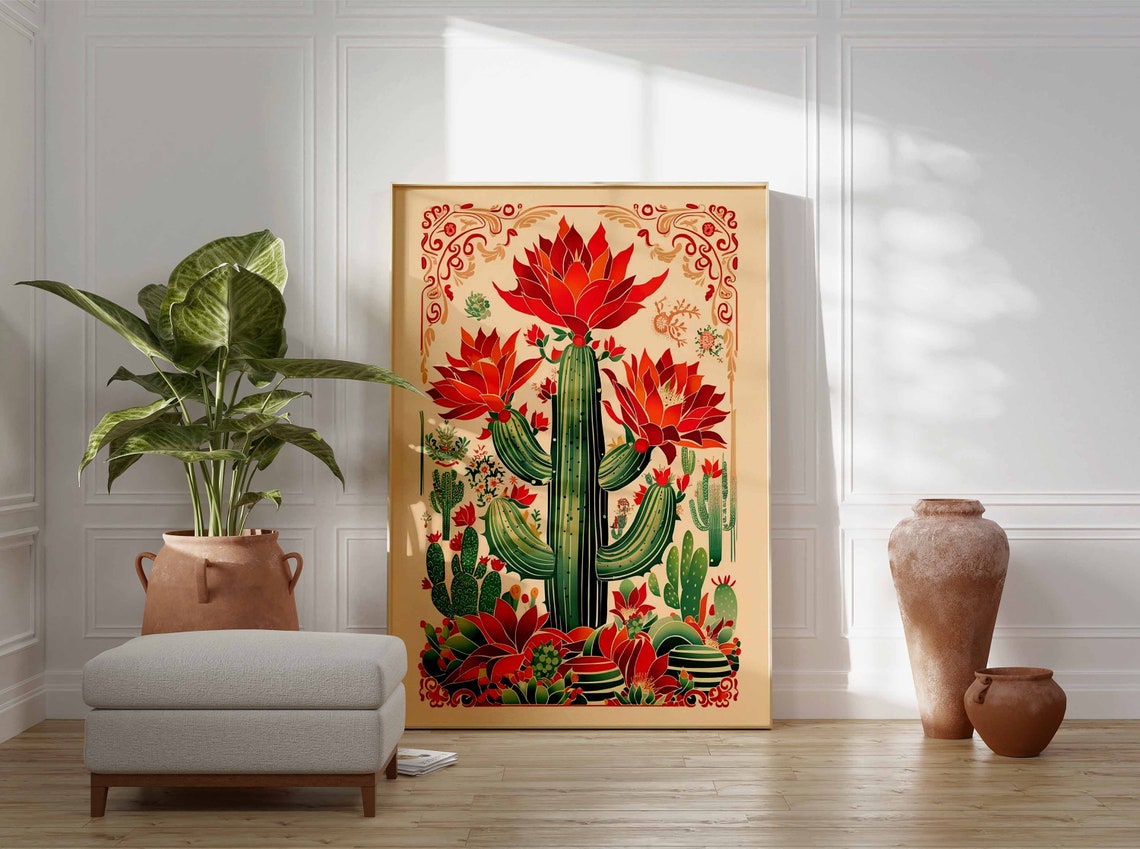 Flowering Saguaro Cactus Ornate Corners Vintage Mexican Art Poster - Image 2