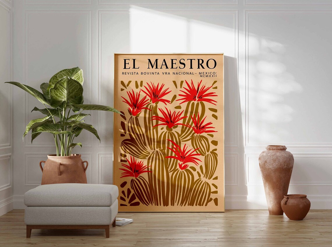 El Maestro Cactus Print Mexico Mid Century Botanical Red Blooms - Image 2