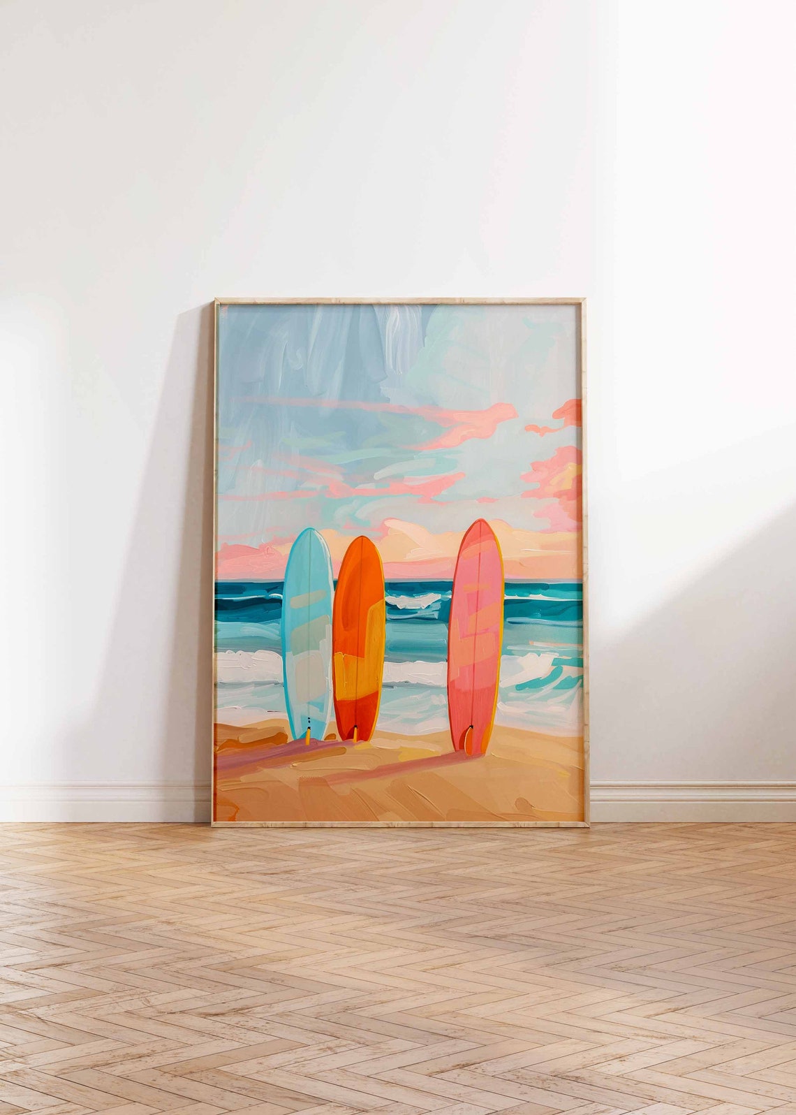 Pastel Three Surfboards on Beach Ocean Sunset Clouds Wall Art - Image 2