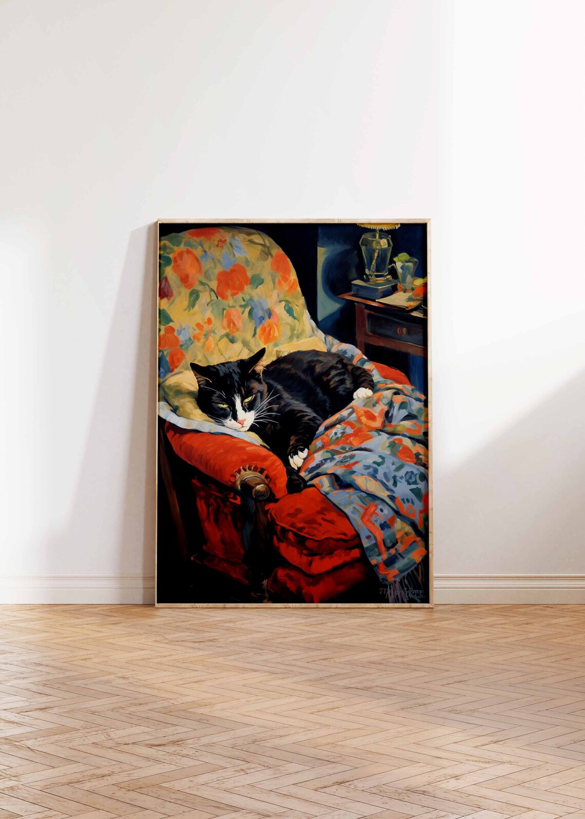 Black Cat Napping On Floral Armchair Oil Painting Pet Portrait Poster - Image 2