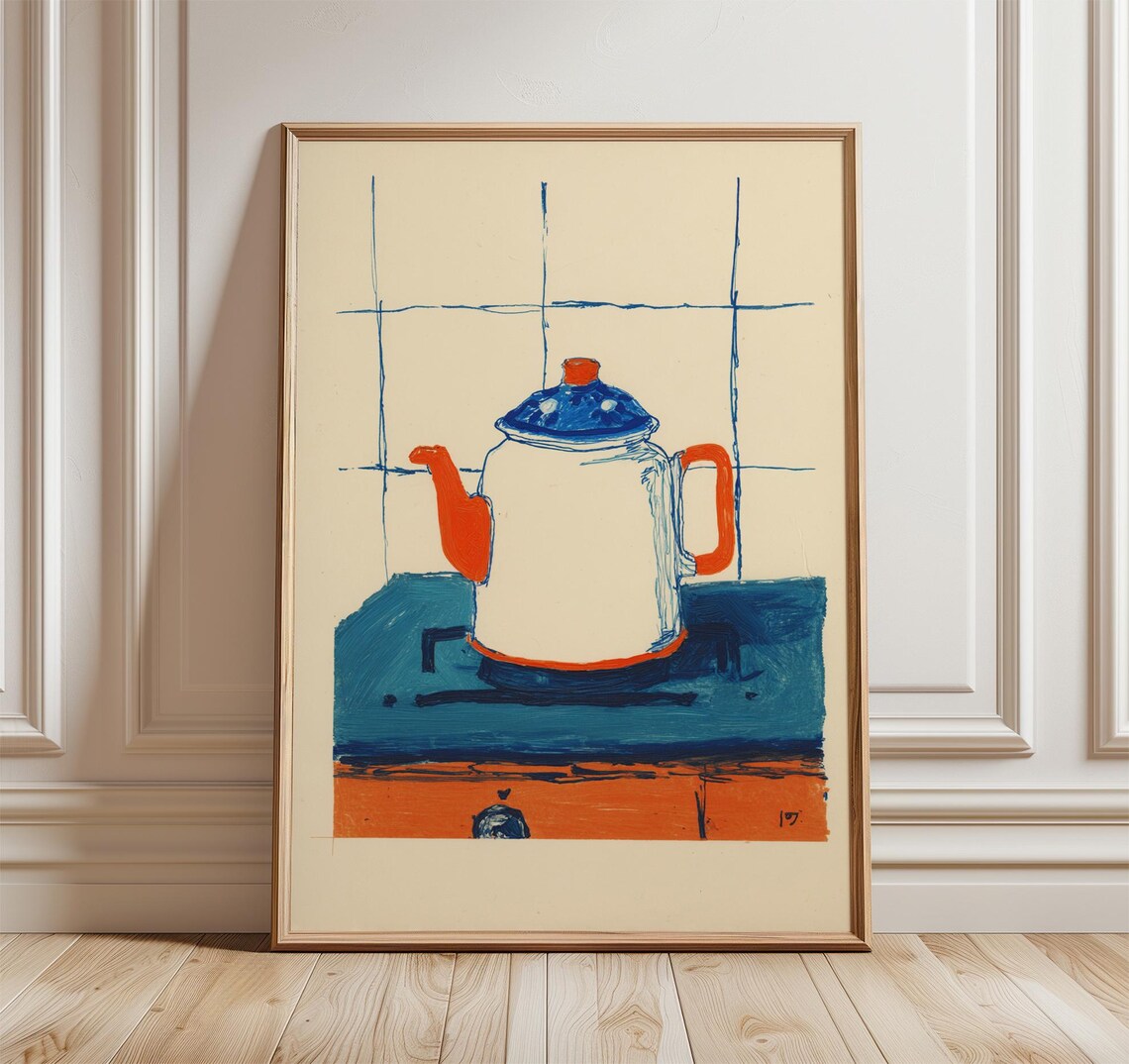 Minimalist Kettle Poster Modern Retro Kitchen Wall Art Mid Century Scandinavian Print Simple Coffee Artwork Blue And Red Home Decor