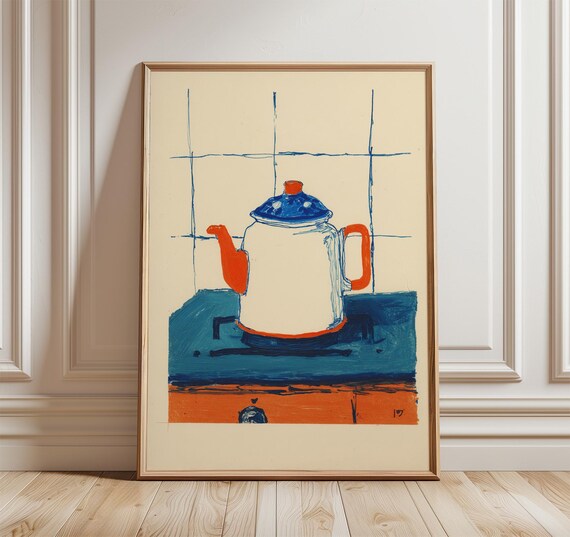 Minimalist Blue And Red Teapot Sketch Modern Kitchen Art Poster