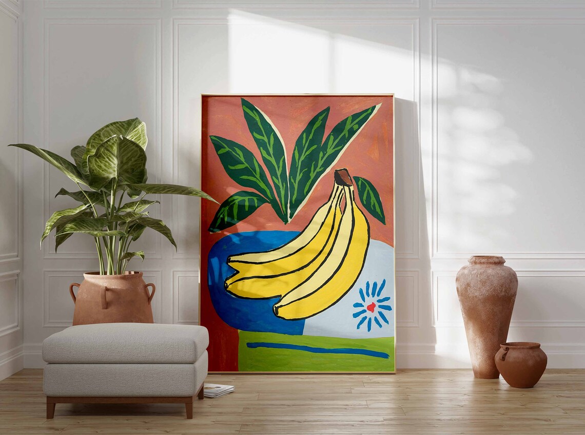 Bunch Of Bananas In Blue Bowl Colorful Modern Fruit Art Poster - Image 3
