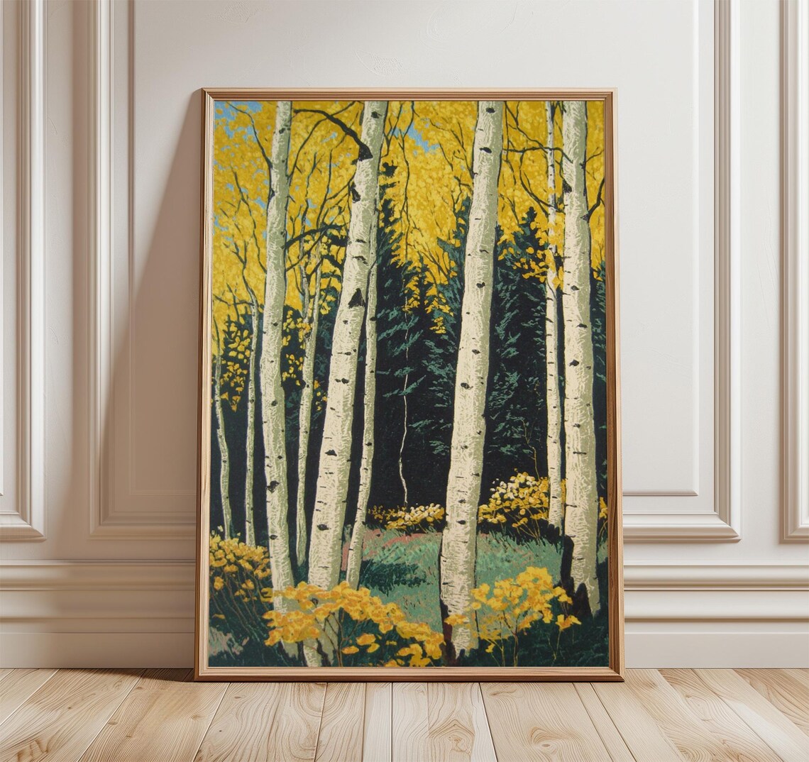 Vintage Golden Birch Forest Autumn Woodland Nature Art Poster