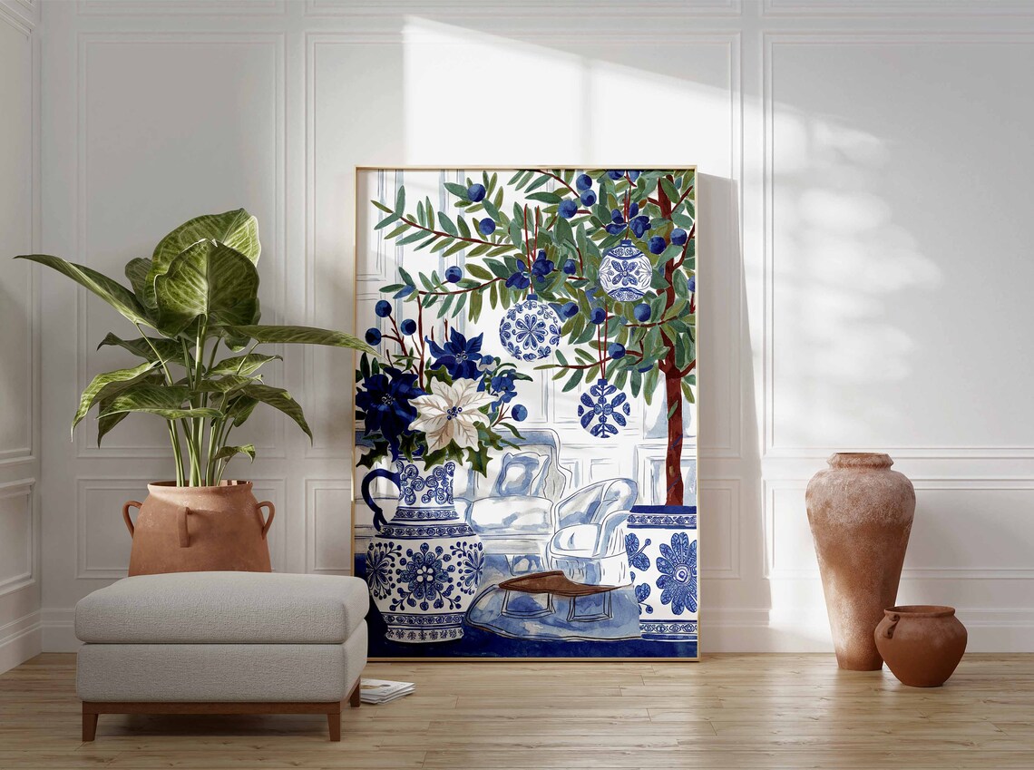Blue White Chinoiserie Christmas Living Room Porcelain Art Poster - Image 3