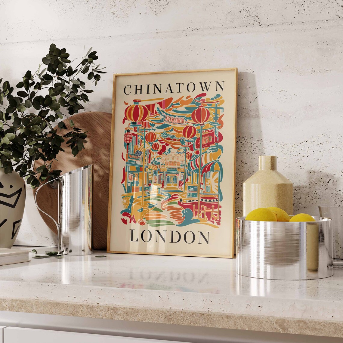 Chinatown London Colorful Lantern Street Art Travel Gift Poster - Image 2