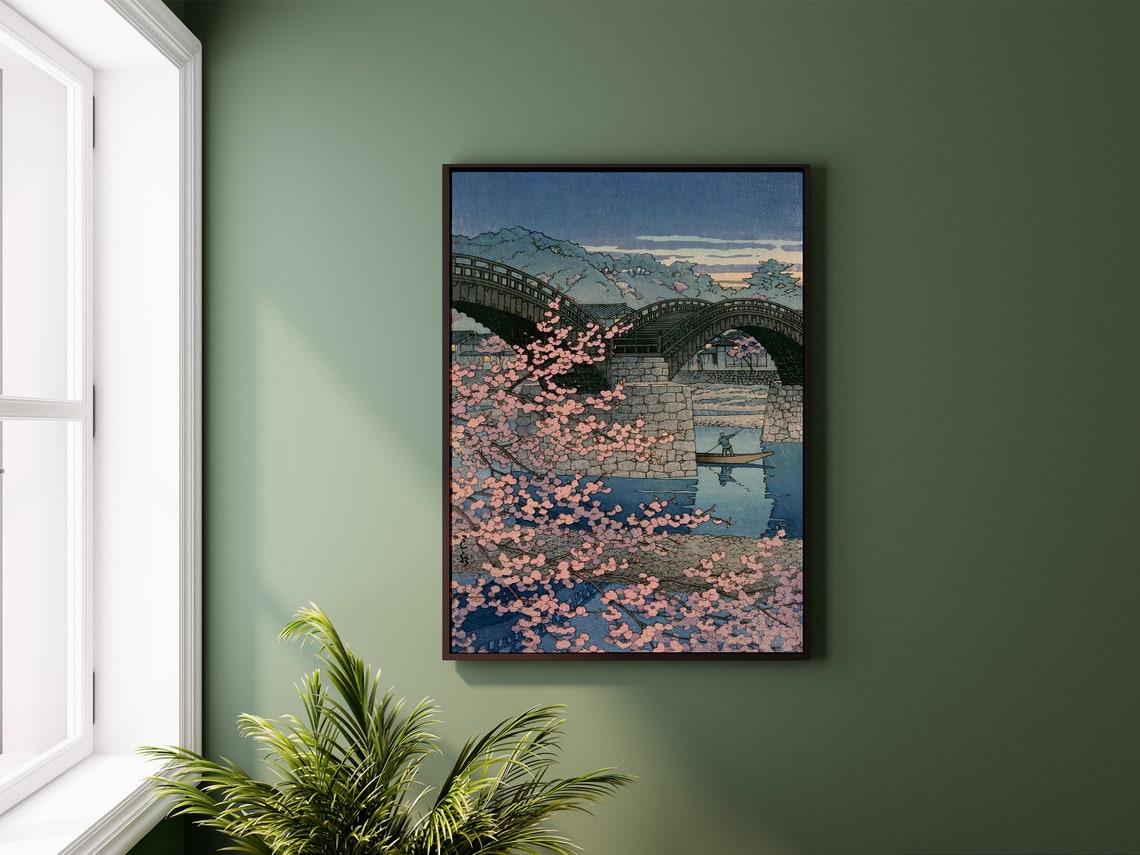 Hasui Kawase Spring Evening Kintai Bridge Cherry Blossom Poster - Image 2