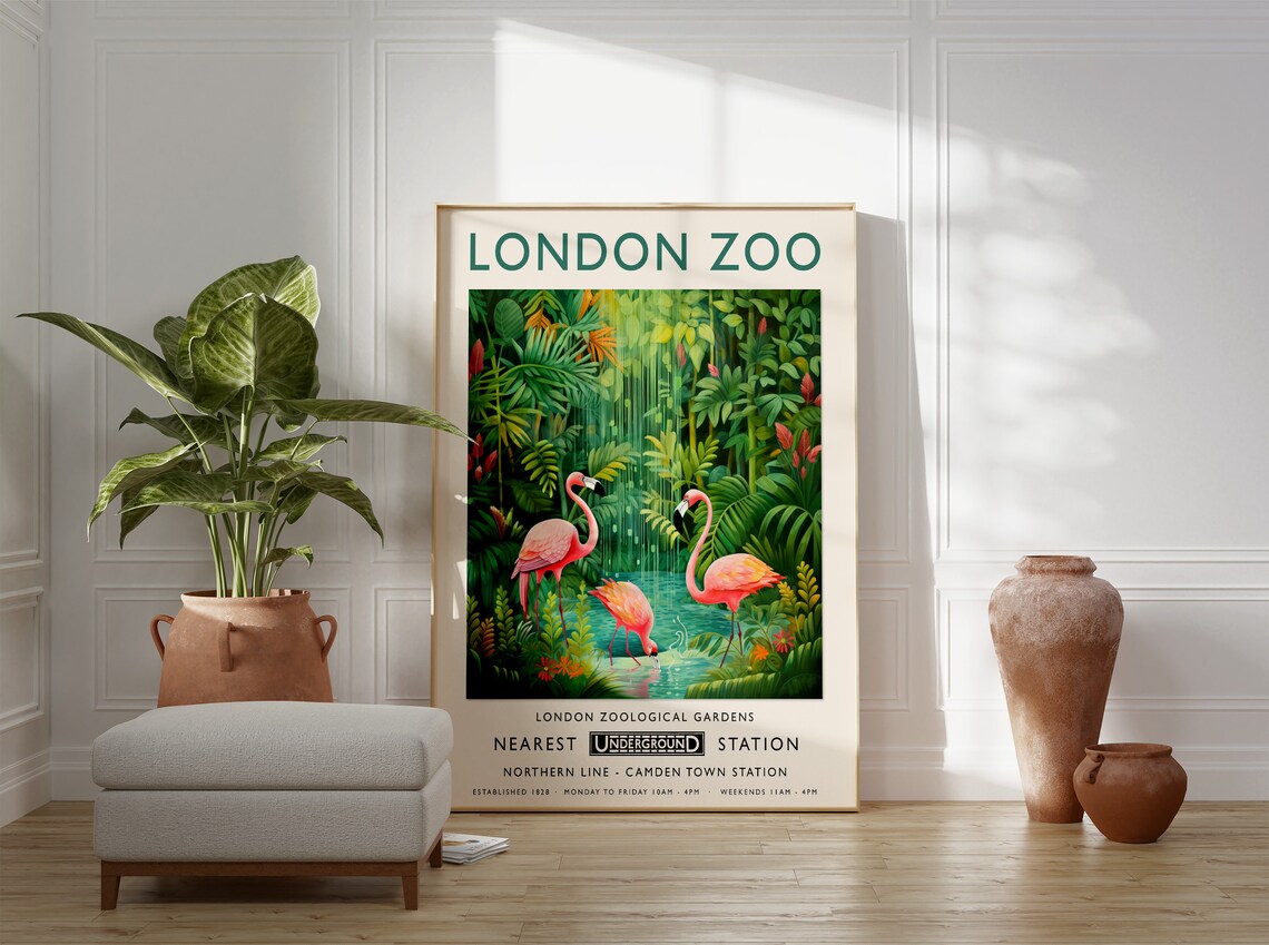 London Zoo Flamingo Art Print, Tropical Jungle Decor - Image 2