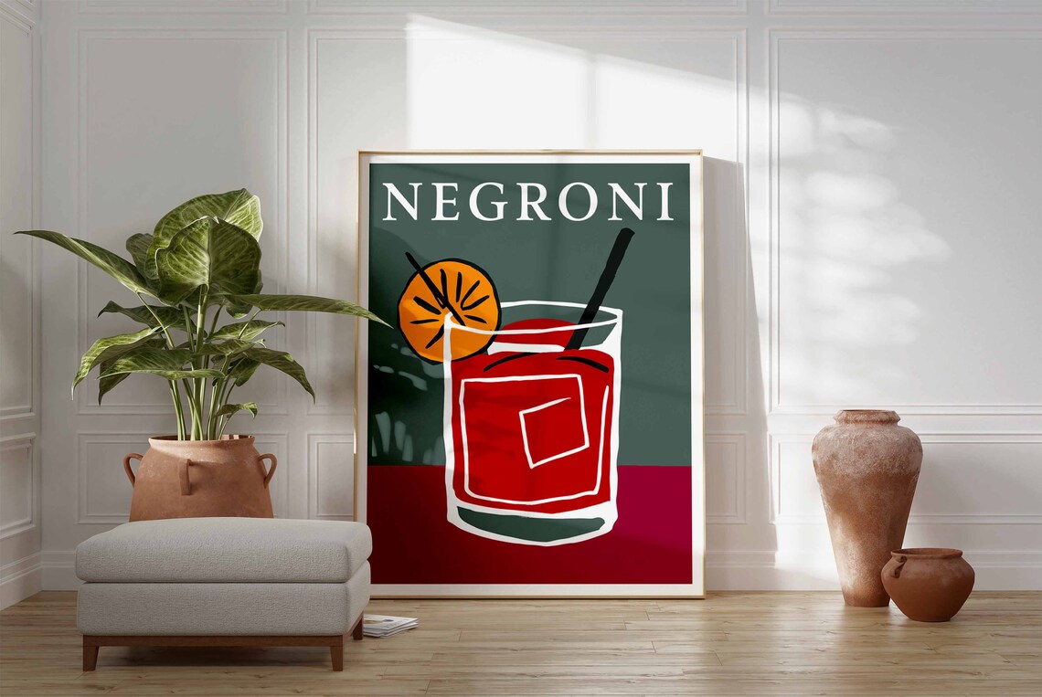 Negroni Cocktail Orange Garnish Green Crimson Retro Bar Poster - Image 3