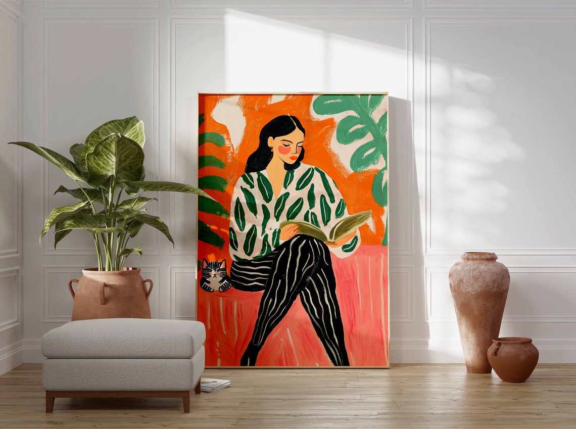 Woman Reading Leaf Patterned Blouse Cat Companion Modern Art Poster - Image 2