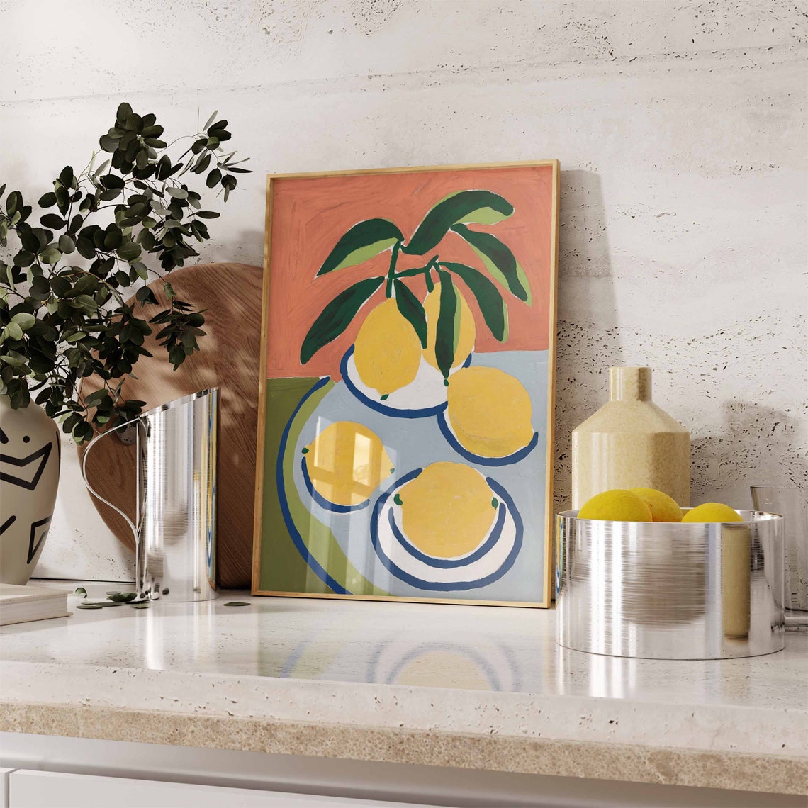 Retro Lemons on Plates Citrus Illustration Mid Century Kitchen Poster - Image 2